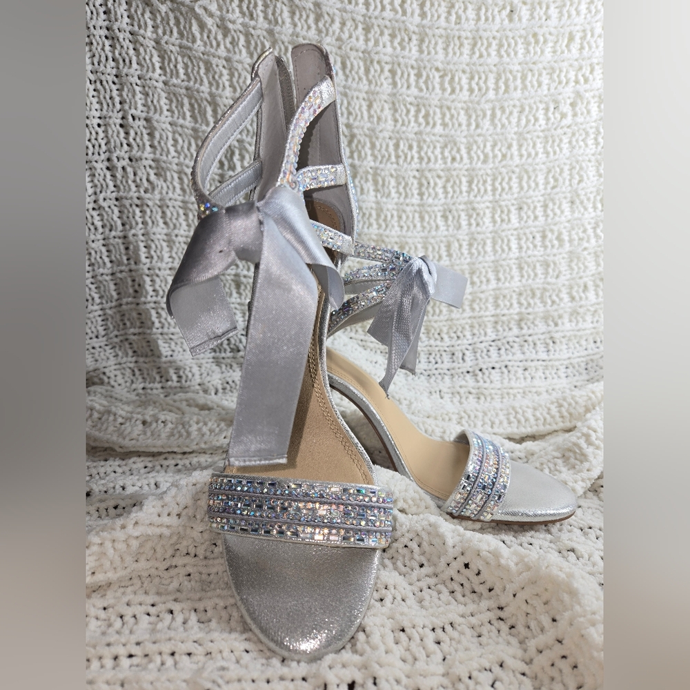 Gianni Bini Silver Satin Heels with Rhinestone Embellishments
